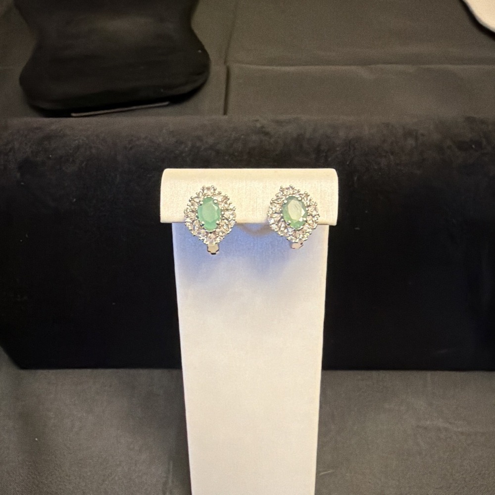 Sterling Silver 925 Oval Green Emerald Halo Leverback Hallmarked Earrings